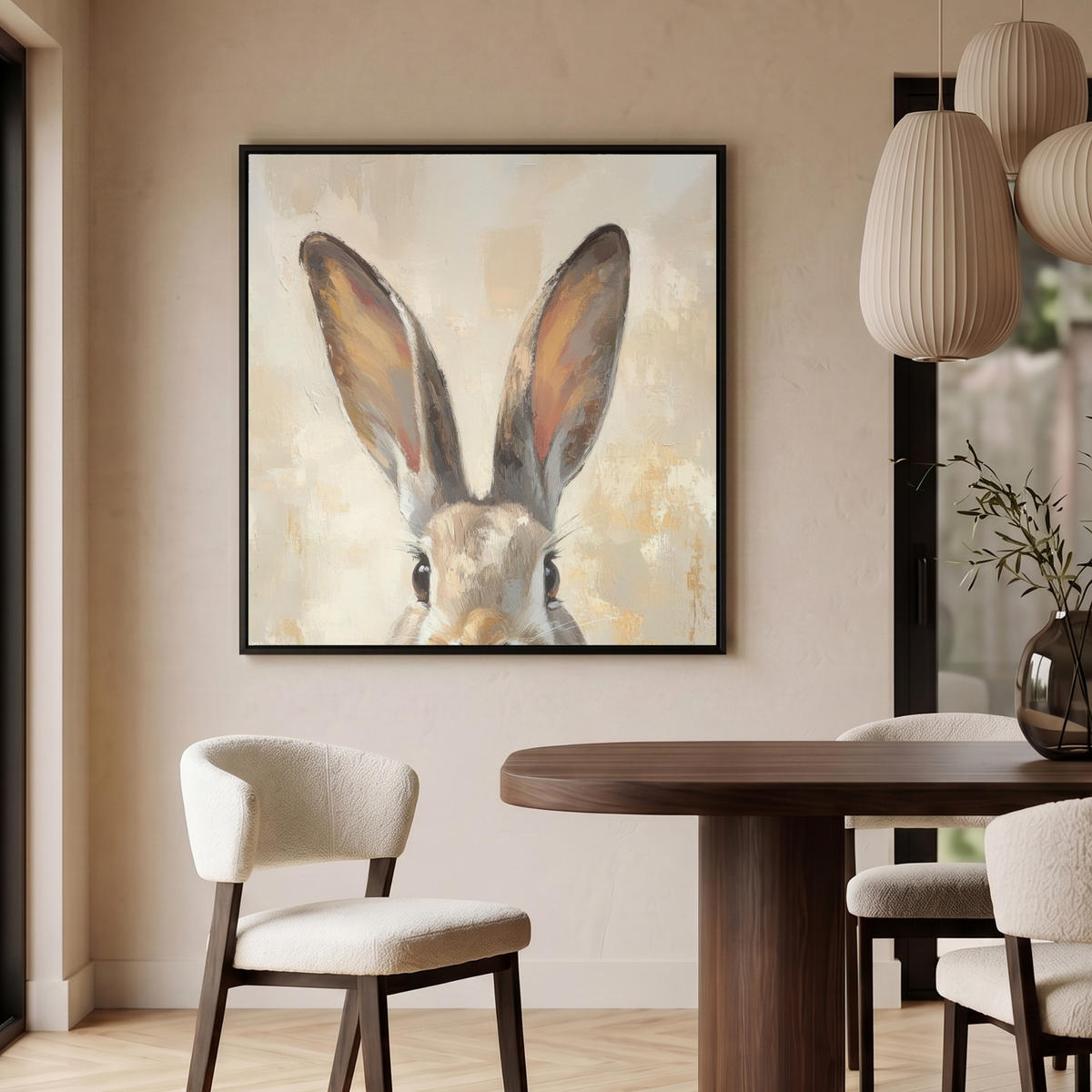 LEINWAND Bilder mit Rahmen - Hase - Ohren - Braun - 90x90 - Beige, Textil (90/90cm) - MuchoWow