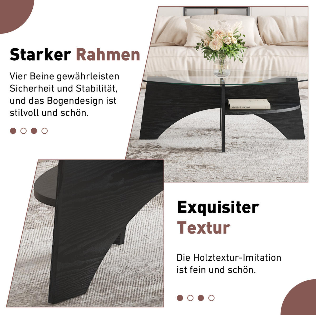 BEISTELLTISCH aus MDF und Glas 104,9x60x35,6 cm Schwarz/Transparent mit Sicherheitsglas und fächerförmigem Gestell - Schwarz, Holzwerkstoff (104.9/60/35.6cm) - Modfu