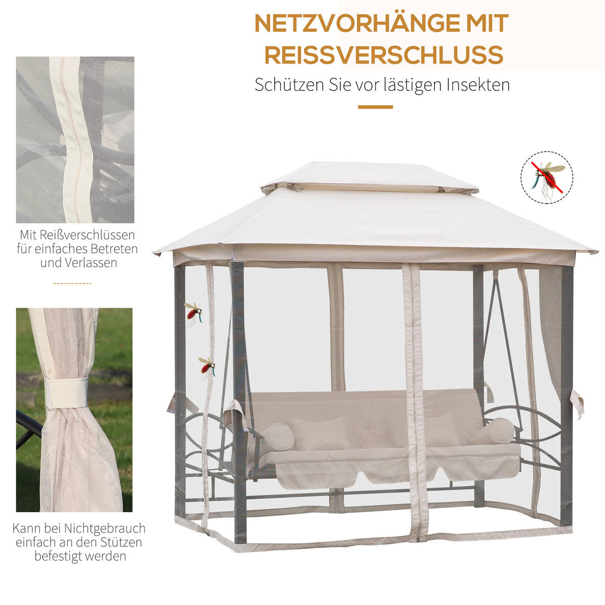 3-SITZER Hollywoodschaukel Gartenschaukel Pavillon Seitenwände Liegefunktion - Beige, Metall (172/248/256cm) - Outsunny