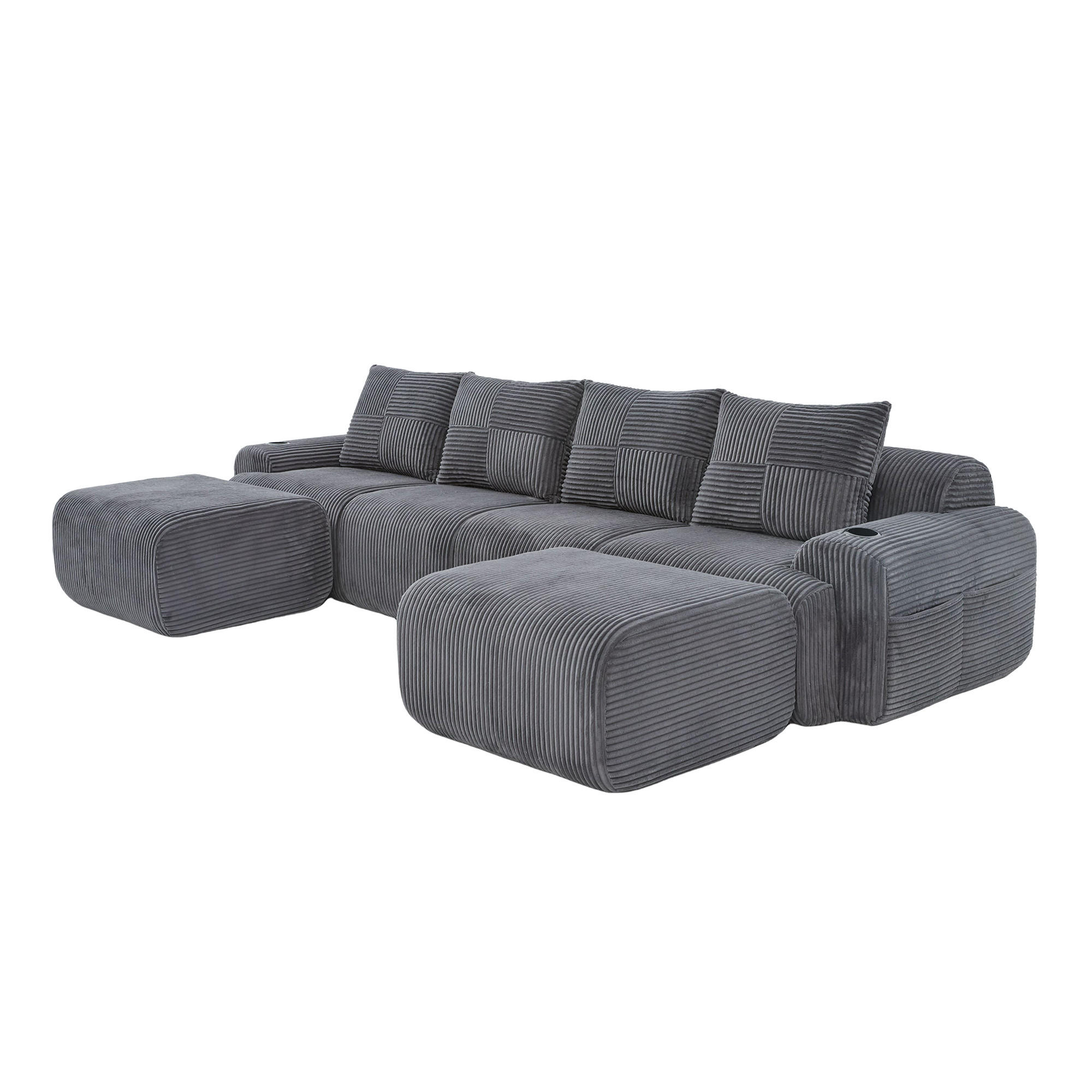 4-SITZER Wohnlandschaft Cord mit Getränkehalter und Seitentasche inklusive 2 Hocker 333/174/80 cm Dunkelgrau - Dunkelgrau, Textil (174/80/333cm) - Redom