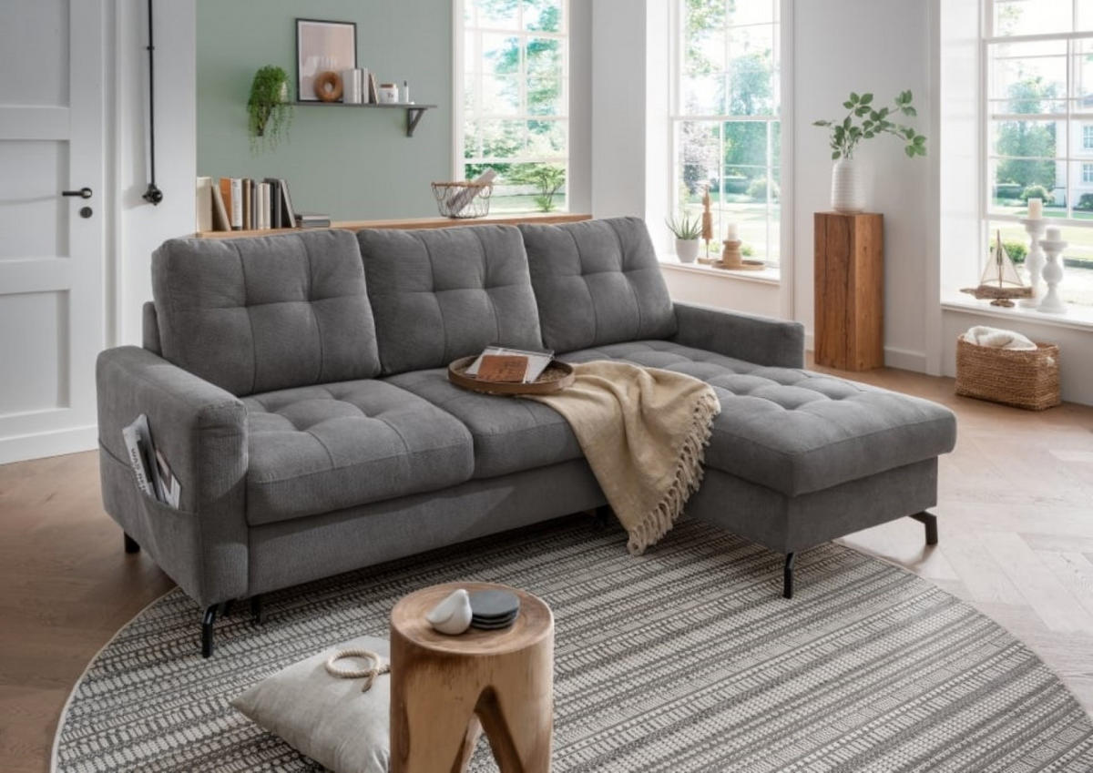 ECKSOFA mit Schlaffunktion und Bettkasten, Luxus-Mikrofaser - Dunkelgrau/Schwarz, Textil/Metall (150/230cm) - myHomelando