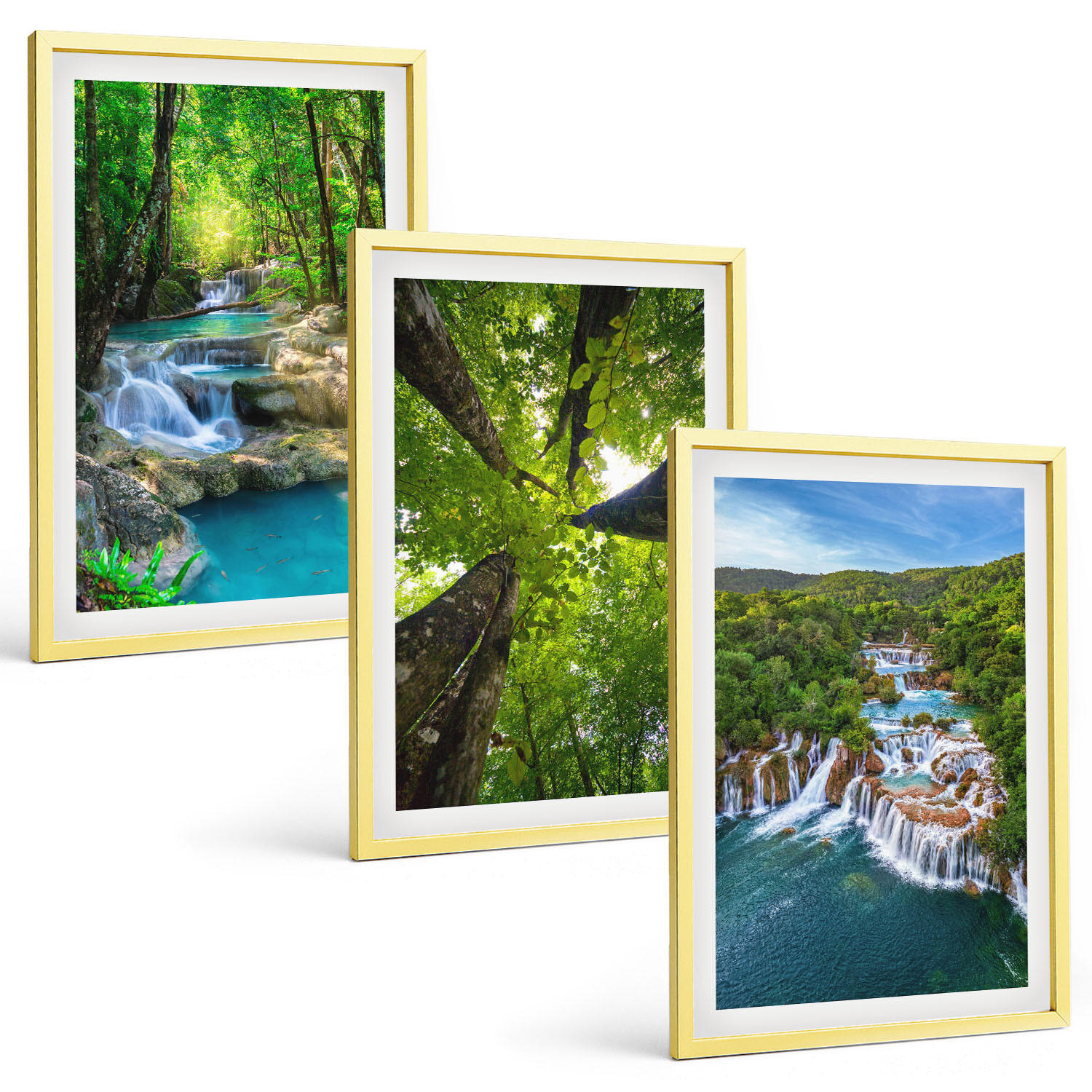 BILDER SET 3er Set - 40x60 cm Goldrahmen - Wasserfälle grüner Wald Wasser - Goldfarben, Kunststoff (40/60cm) - TULUP