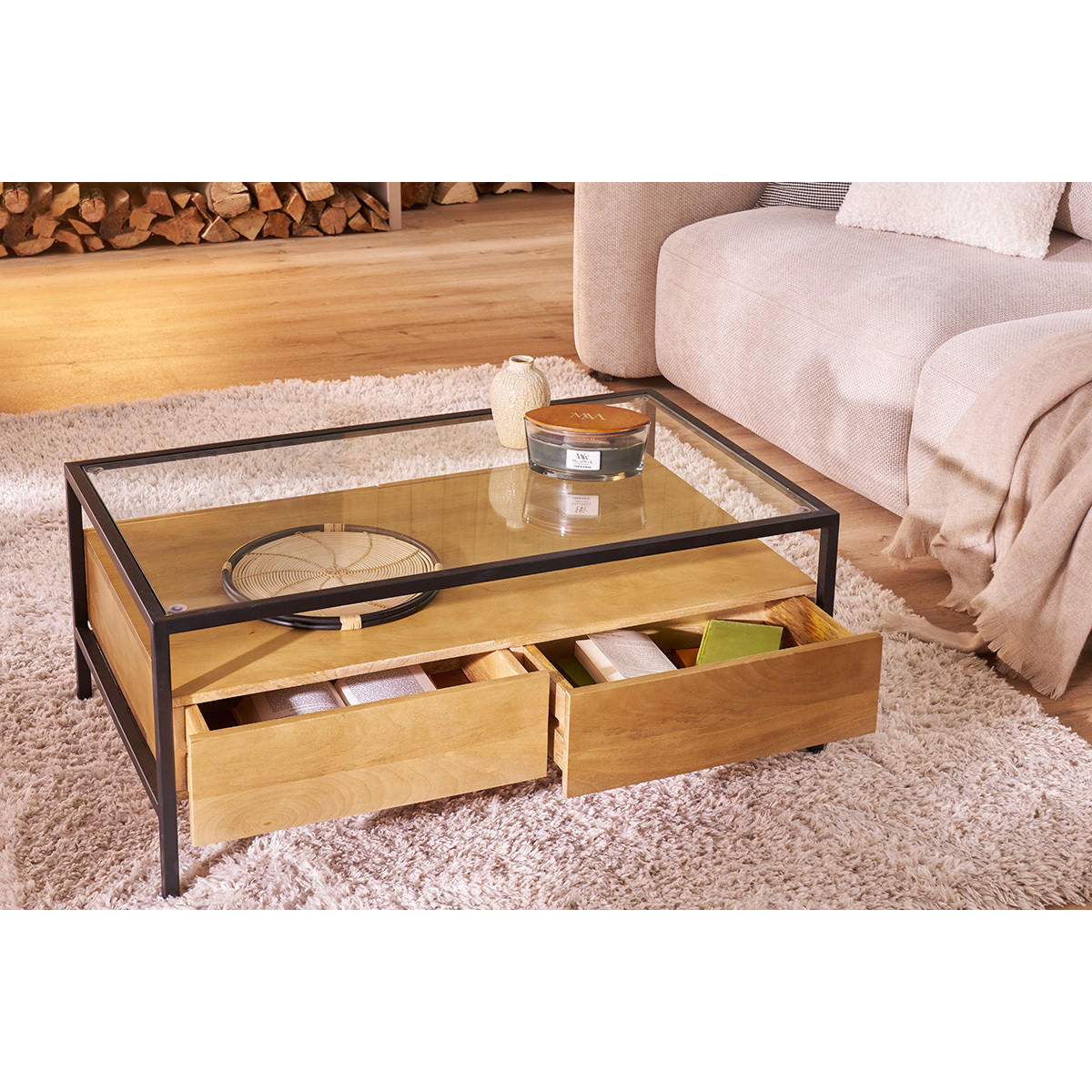 COUCHTISCH Rechteckig Massives Mangoholz Glas Schwarzes Metall Stauraum B100 cm SITA - Eiche Bianco, Holz (100/60/40cm) - Miliboo