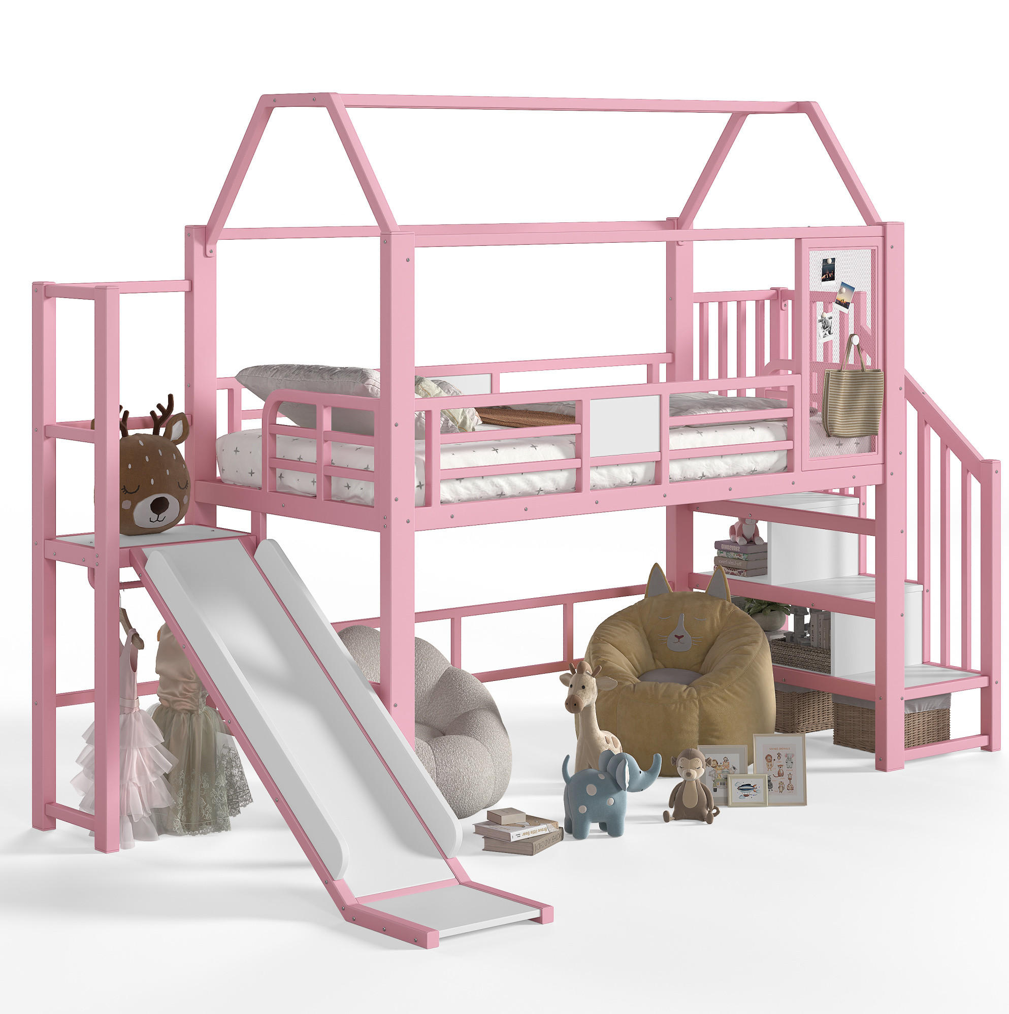 HOCHBETT aus Metall und MDF 90x200 cm Pink mit Rutsche, Stauraumtreppe und Bluetooth-LED-Beleuchtung - Pink, Holzwerkstoff (90/200cm) - IVMEU