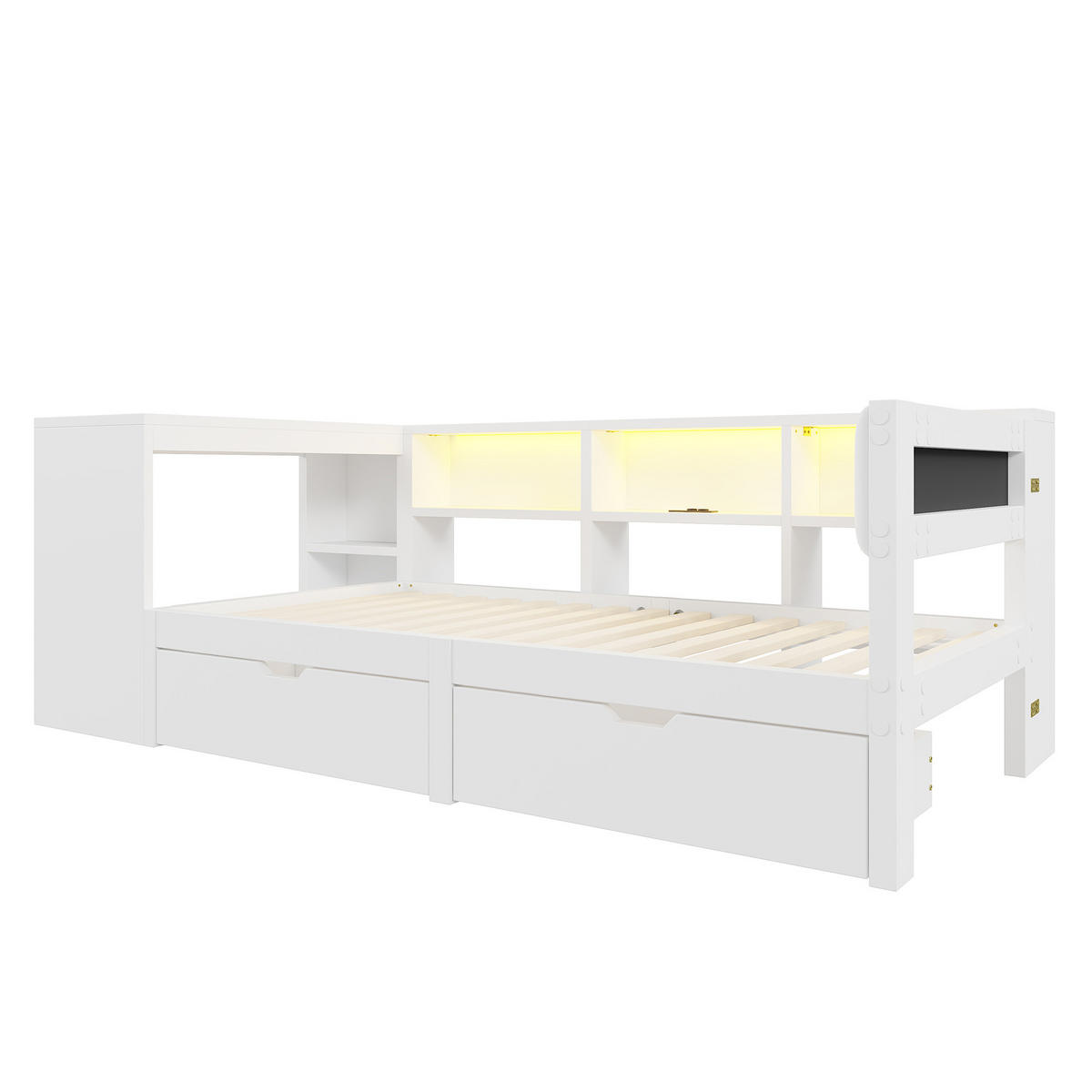 BETT 90/200 cm in Weiß mit 2 Schubladen, LED und USB - Weiß, Holzwerkstoff/Textil (90/200cm) - WISHDOR