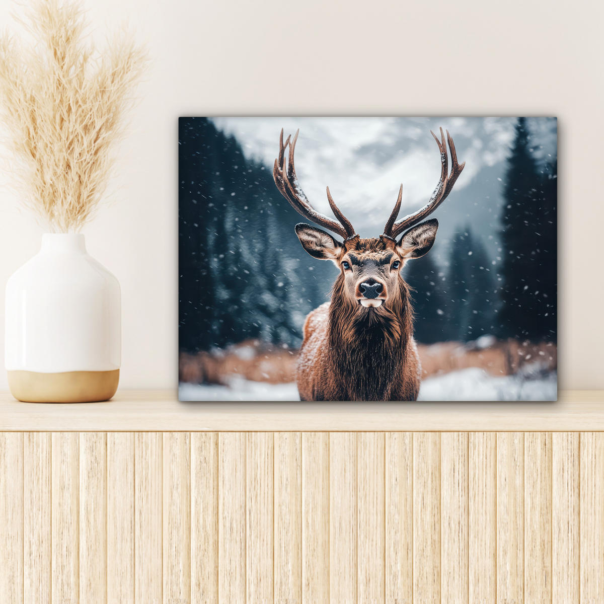 LEINWANDBILD Hirsche - Tiere - Landschaft - Winter - Schnee Wandbild 40x30 cm - Kastanienfarben, Textil (40/30cm) - MuchoWow