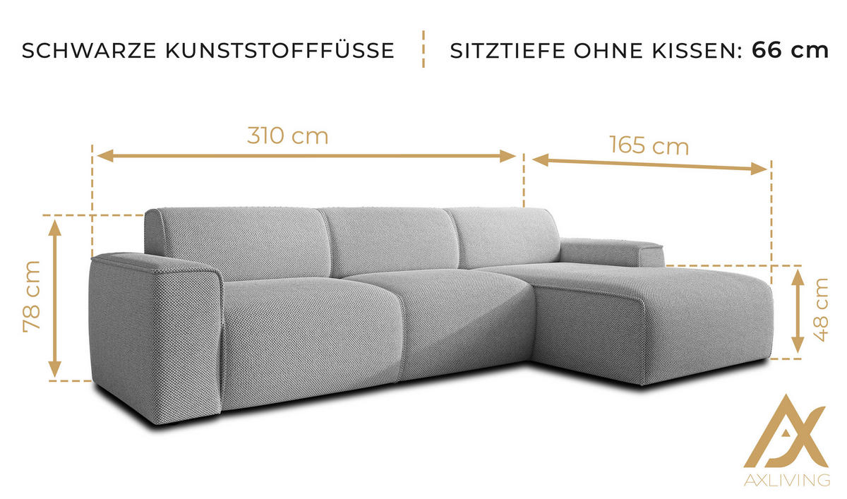 ECKSOFA L Form Didim mini Taupe 310/165/78 cm – stilvolle kleine Eckcouch R - Taupe/Schwarz, Kunststoff/Textil (310/165cm) - AX Living
