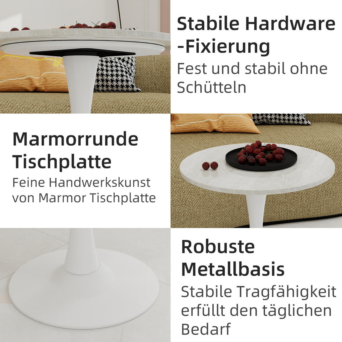 COUCHTISCH 70,1 cm in Weiß aus Kunstmarmor–rundes Design für viele Wohnbereiche - Weiß, Stein (70/70/72cm) - Flora Grace