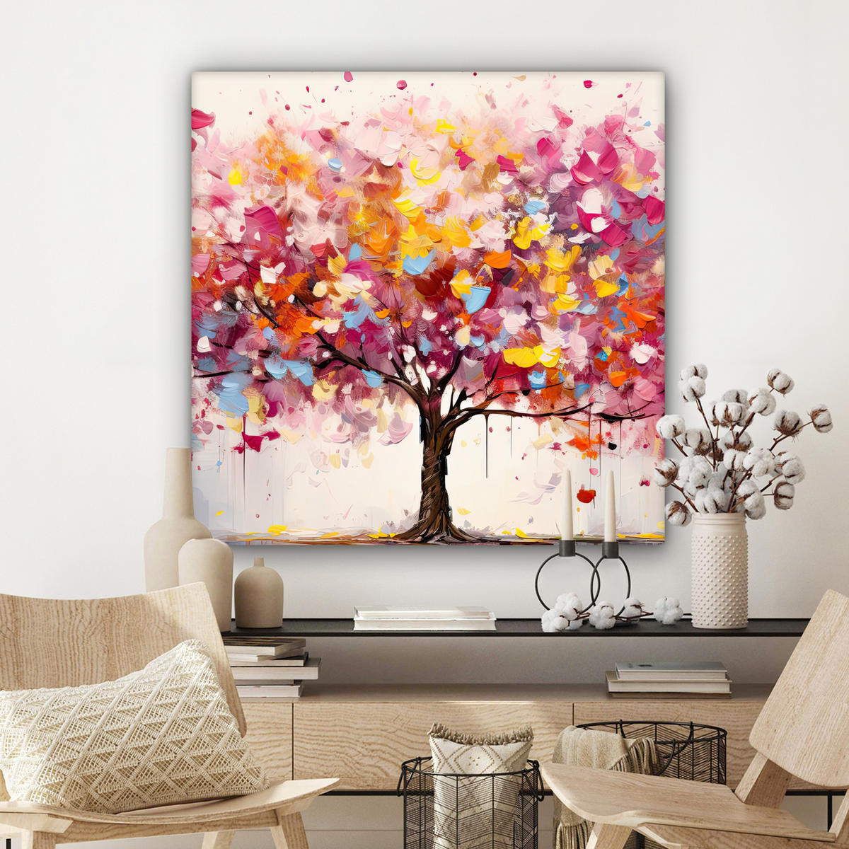 LEINWANDBILD Aquarell - Baum - Kunst - Abstrakt 90x90 cm - Multicolor, Textil (90/90cm) - MuchoWow
