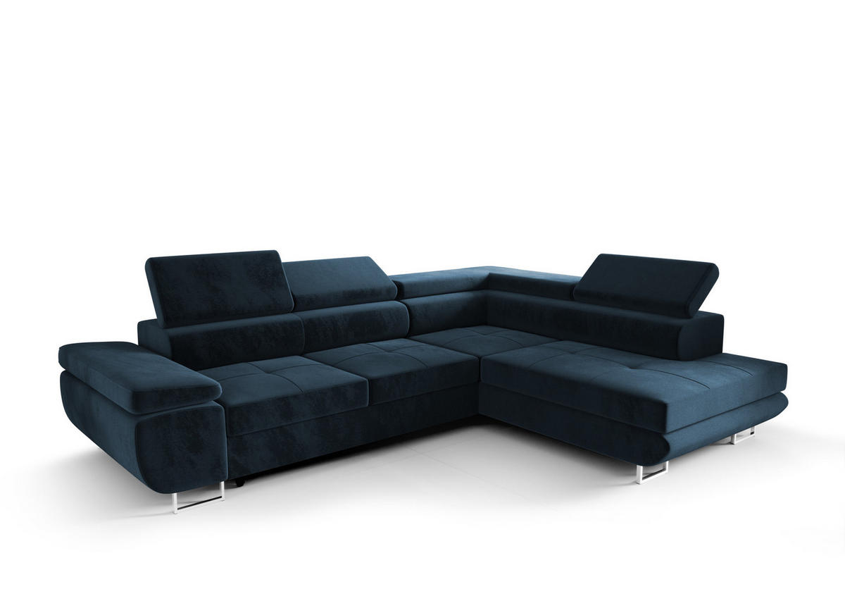 ECKSOFA PRAGA DESIGN L, Eckcouch in L-Form mit Schlaffunktion, Farbe: Blau, Velourstoff, Ottomane Universal - Blau, Textil (275/202cm) - O-Sofa