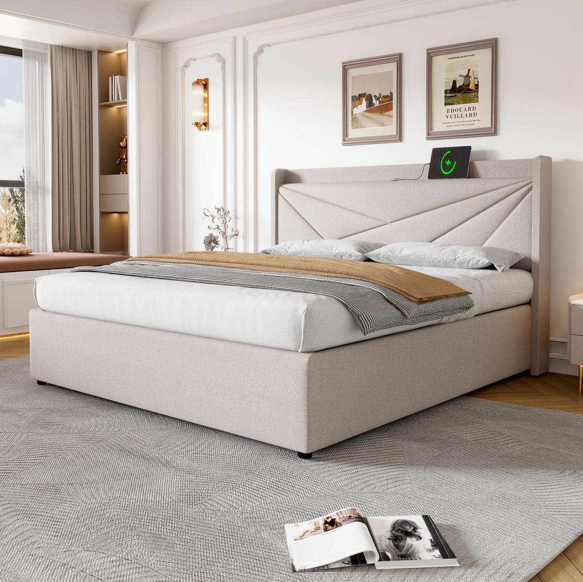 BETT mit Bettkasten und USB/Typ-C 180x200 cm Beige - Beige, Metall (180/200cm) - Meubliv