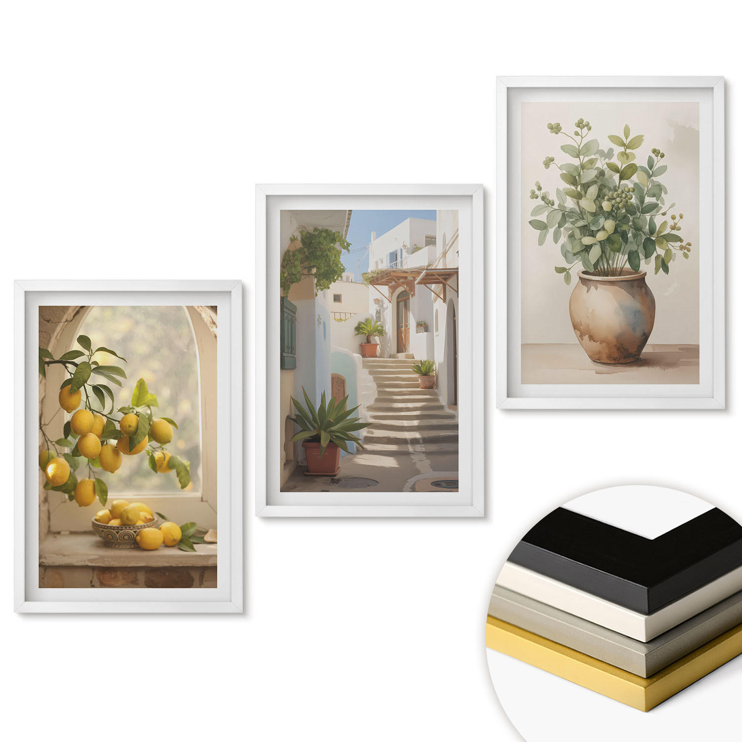 WANDBILDER 3er-Set - 40x60 cm Weißer Rahmen - Zitronen in einer Pflanzenvase - Weiß, Kunststoff (40/60cm) - ArtPrintCave