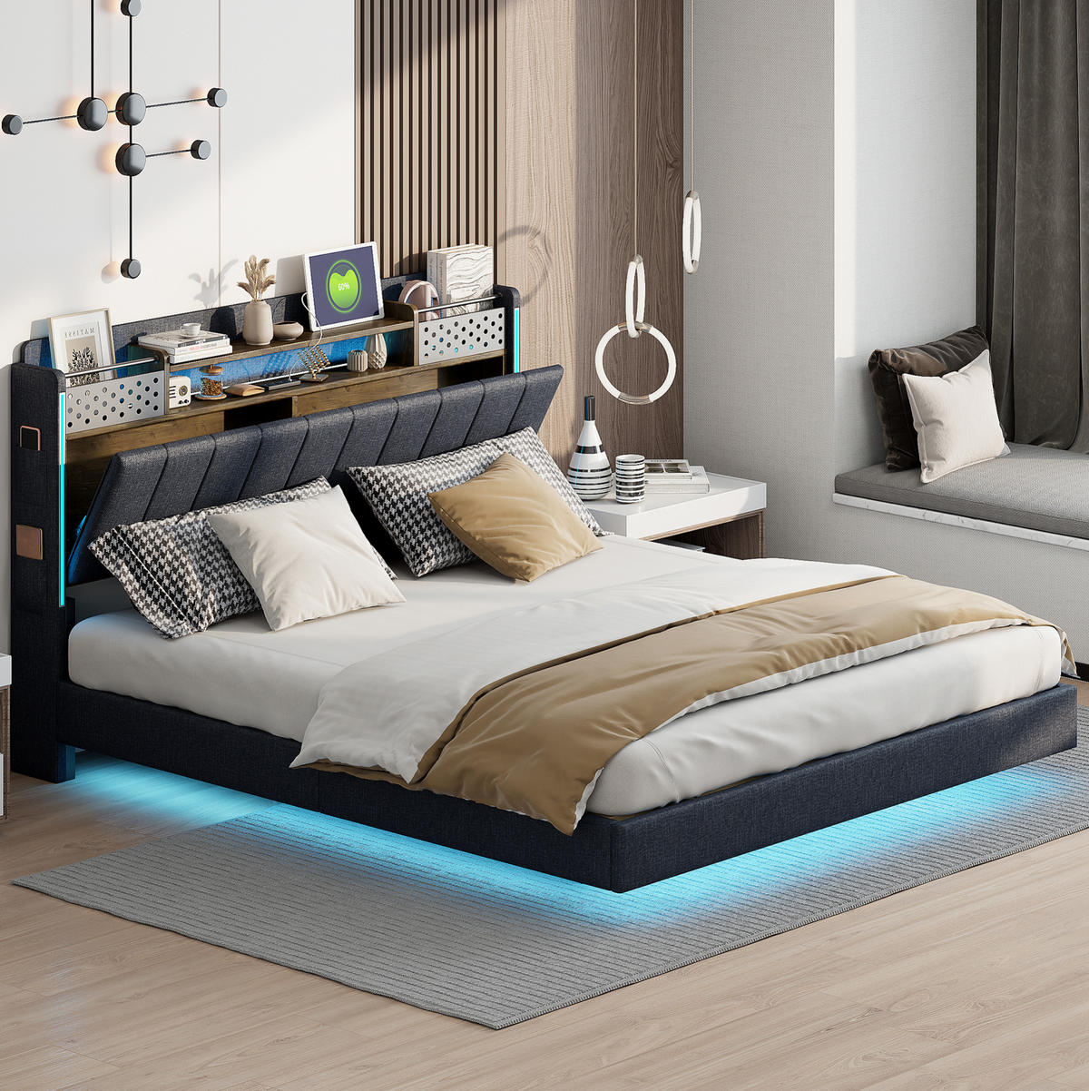 POLSTERBETT 160/200 cm Grau aus Leinenstoff mit LED und USB-Ladeanschluss - Grau, Textil (160/200cm) - OKMYHOME