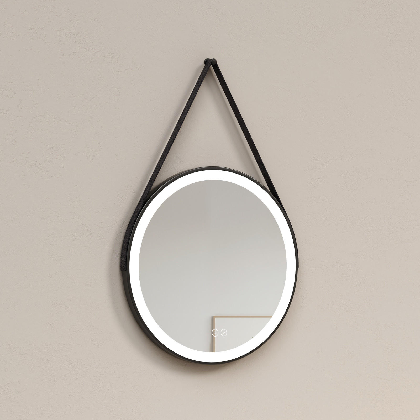 BADSPIEGEL Rund mit Touch-Schalter Beleuchtung mit Hängeriemen Schwarz ф60 cm - Schwarz, Glas (60/3/60cm) - EMKE