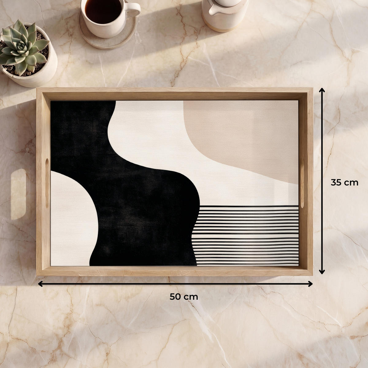 SERVÍROVACÍ PODNOS Abstraktní - Japonské - Béžové - Moderní 50x35 cm - černá, dřevo (50/5/5cm) - OnlyWow