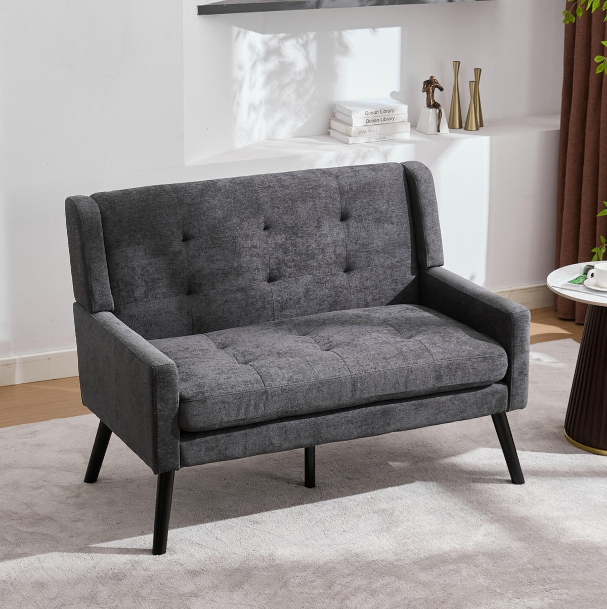 SITZBANK 2-Sitzer Leinenpolster mit Knopfsteppung, Massivholzbeinen 119/75/88 cm Dunkelgrau - Dunkelgrau, Textil (75/88/119cm) - Redom