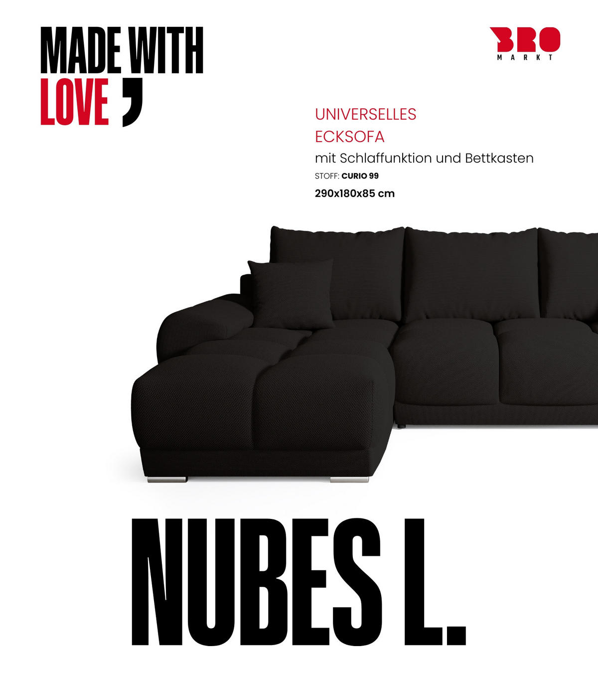 ECKSOFA Nubes mit Schlaffunktion Schwarz - Silberfarben/Schwarz, Kunststoff/Textil (290/180cm) - Bromarkt