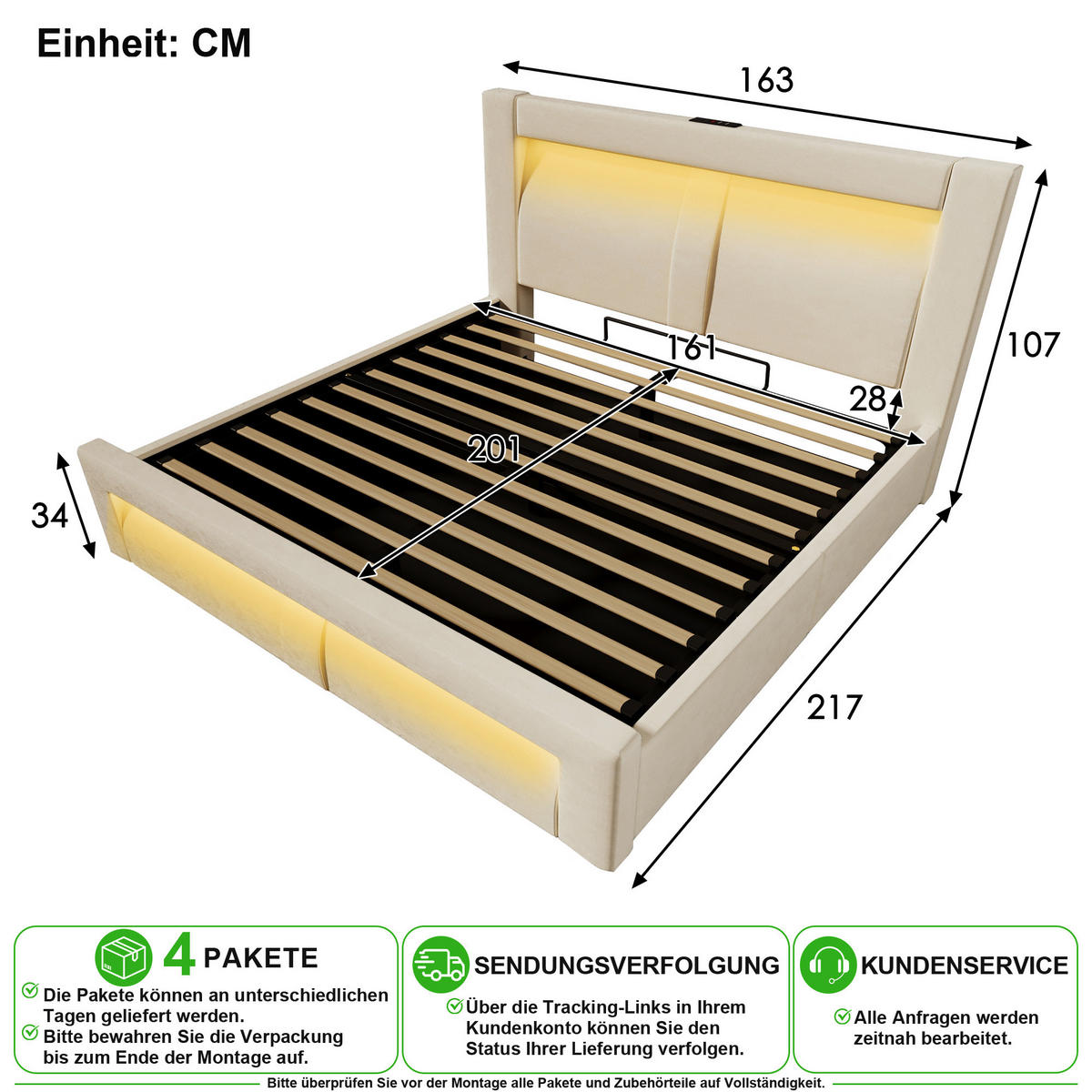 POLSTERBETT 160/200 cm in Beige Samt mit Bettkasten, LED/USB und Matratze - Beige, Holzwerkstoff/Textil (160/200cm) - CHICFURN