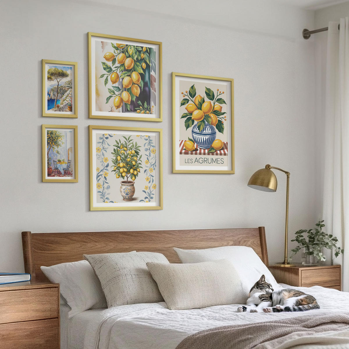 WANDBILDER 5er Set - 50x50 cm & 20x30 cm & 40x60 cm Goldrahmen - Zitronenbäume am Meer - Goldfarben, Kunststoff (40/60cm) - ArtPrintCave
