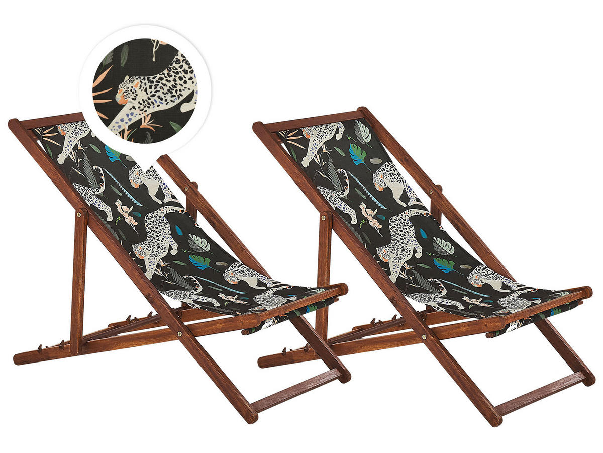 GARTENLIEGE 2er-Set dunkelbraun Textil weiß/schwarz Gepardenmotiv Anzio - Dunkelbraun/Schwarz, Textil (54/70/97cm) - Beliani