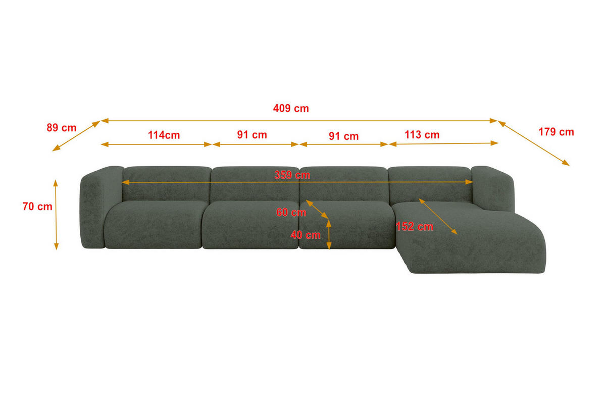 ECKSOFA Ottomane Rechts MIRA-L3 409x179x70 Grün Velours - Schwarz/Grün, Holzwerkstoff/Kunststoff (409/179cm) - ALTDECOR