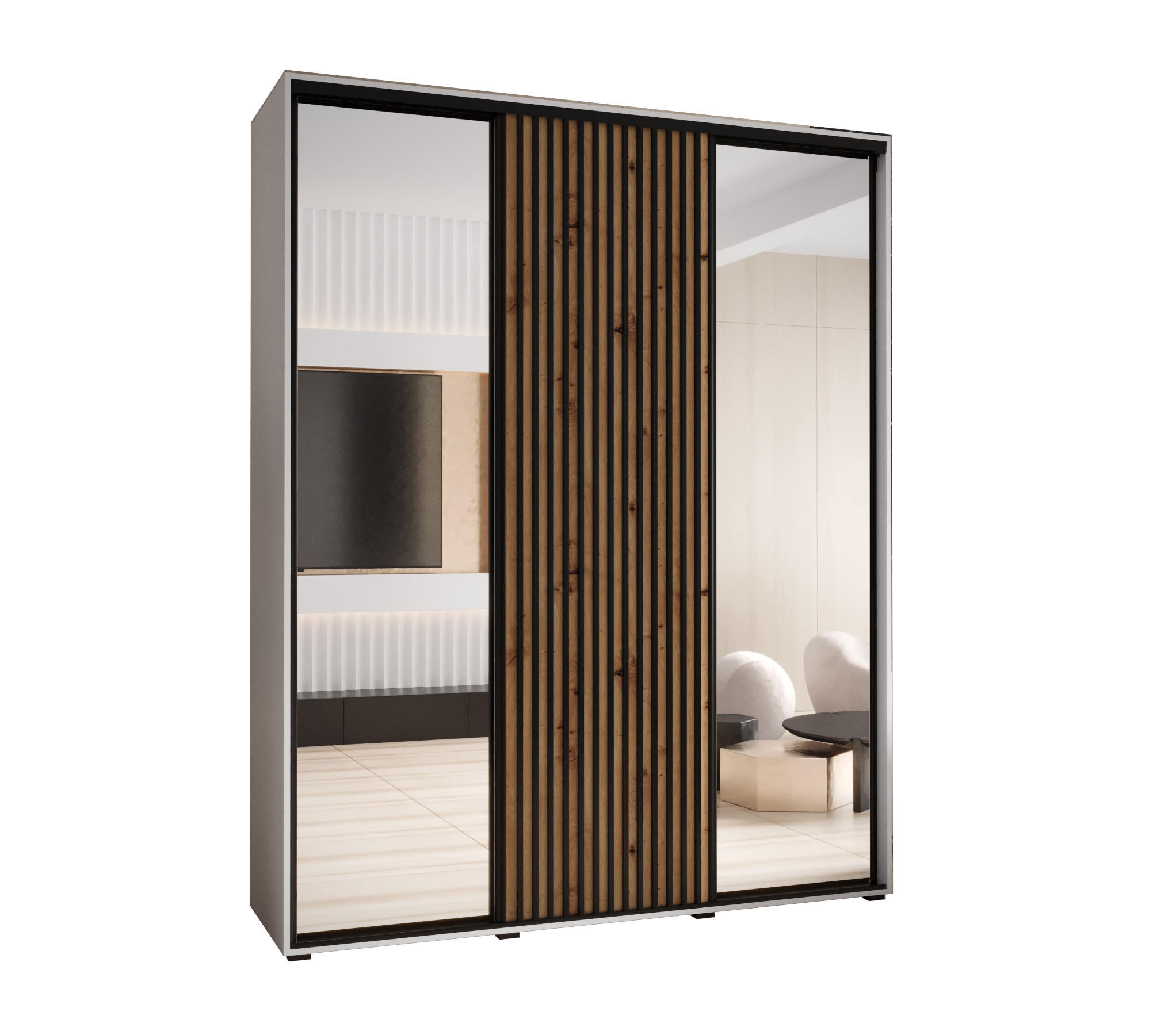 Abiks Möbel Schwebetürenschrank Weiß, Eiche Artisan, Schwarz 200x235x60 cm