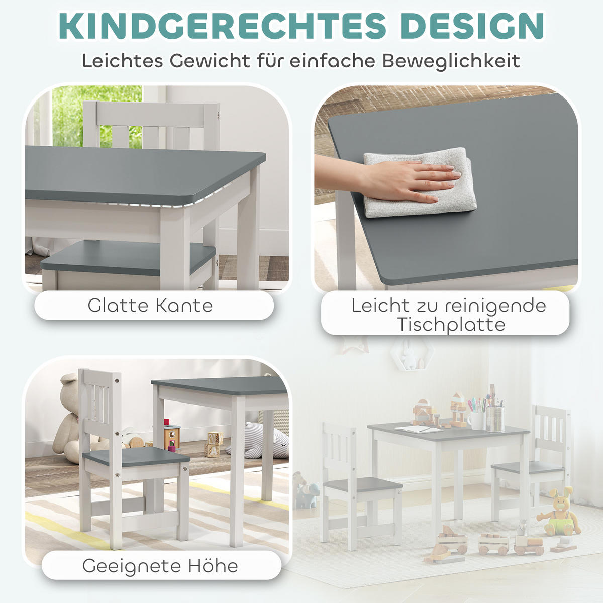 KINDERSITZGRUPPE Kindertisch mit 2 Stühlen, Kinderzimmer Tisch & Stühle Set Grau - Grau, Holz (52/48/56cm) - AIYAPLAY