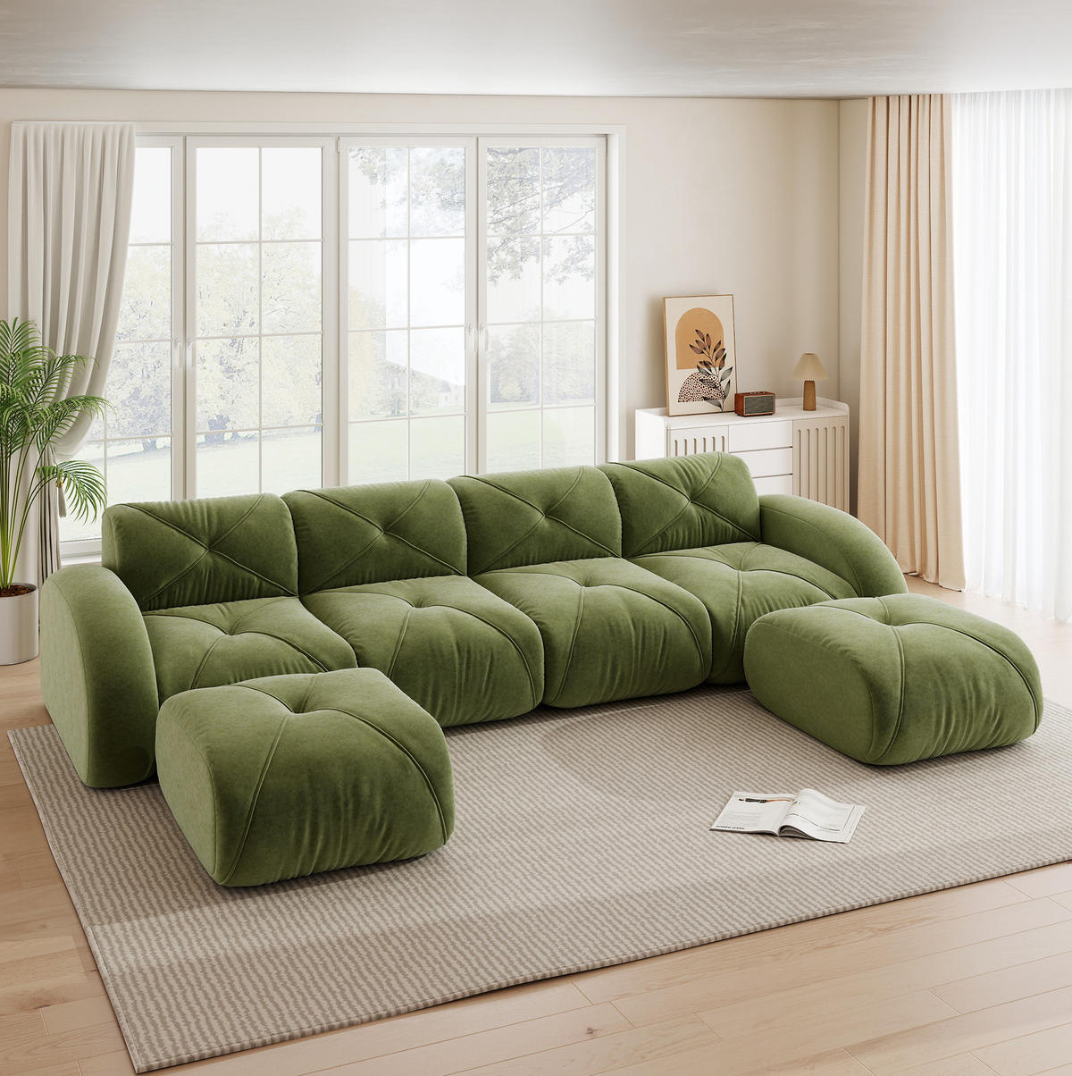 MODULSOFA U-Form 4-Sitzer mit 2 Hockern Chenille Grün - Grün, Kunststoff (171/76/358.1cm) - Meubliv