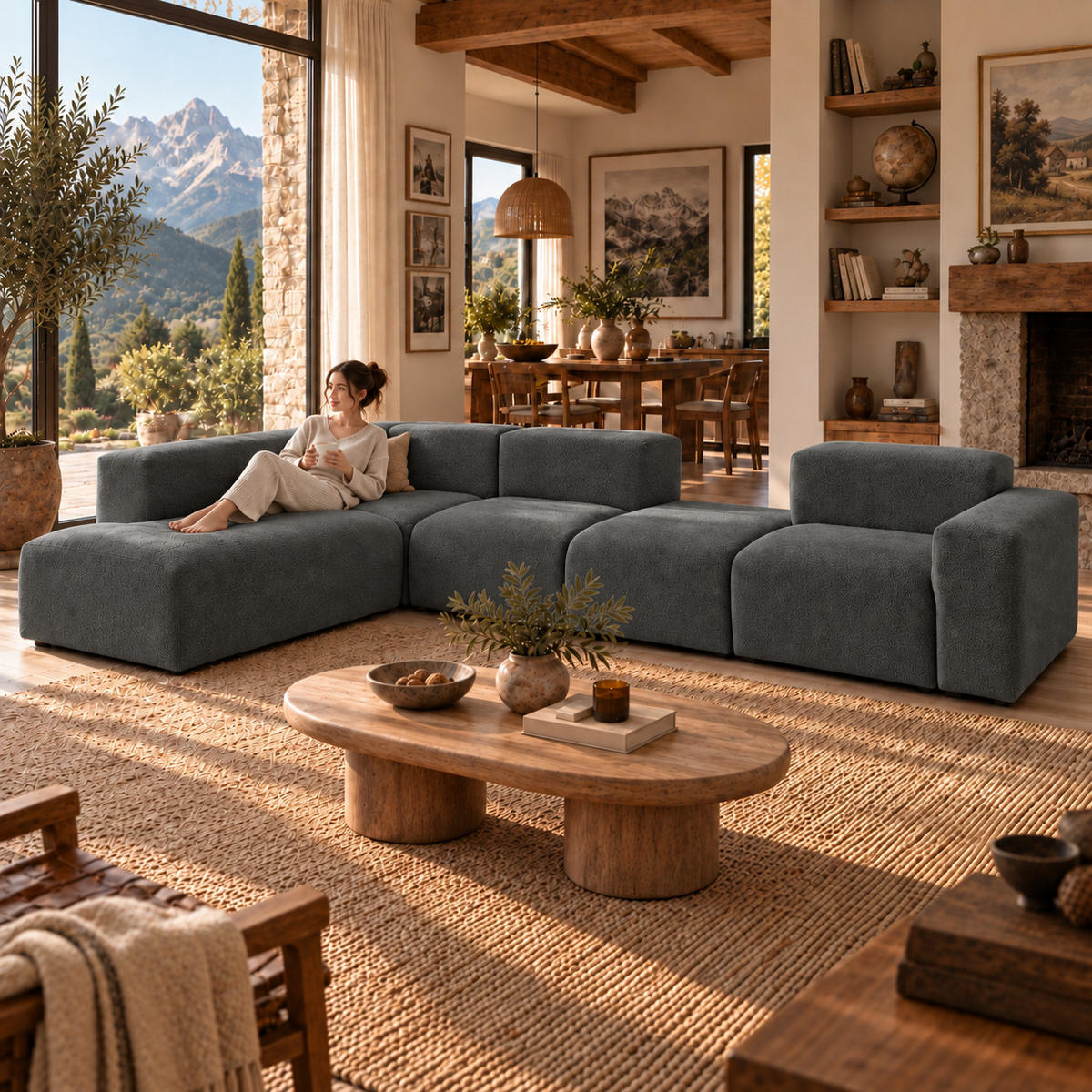 5-SITZER modulares Ecksofa HEAVEN SET 5 Links, Breite 380 cm Webstoff Dunkelgrau - Dunkelgrau/Schwarz, Holz/Kunststoff (380/245cm) - Muffo