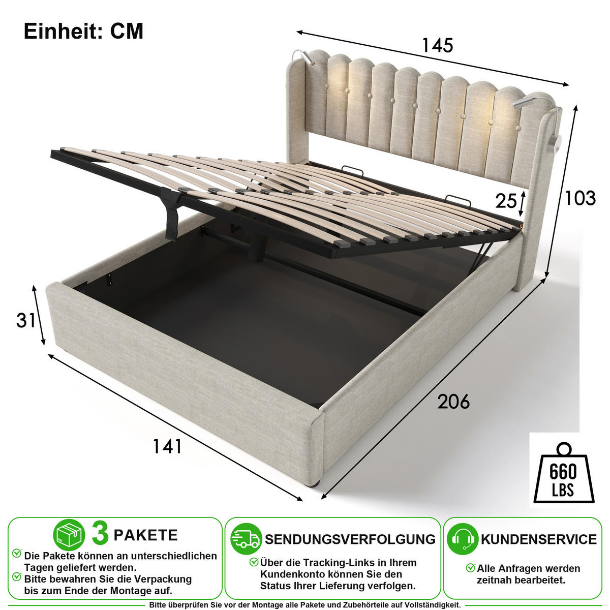 POLSTERBETT 140/200 cm in Beige Leinen mit Bettkasten, Leselicht, USB und Matratze - Beige, Holzwerkstoff/Textil (140/200cm) - CHICFURN