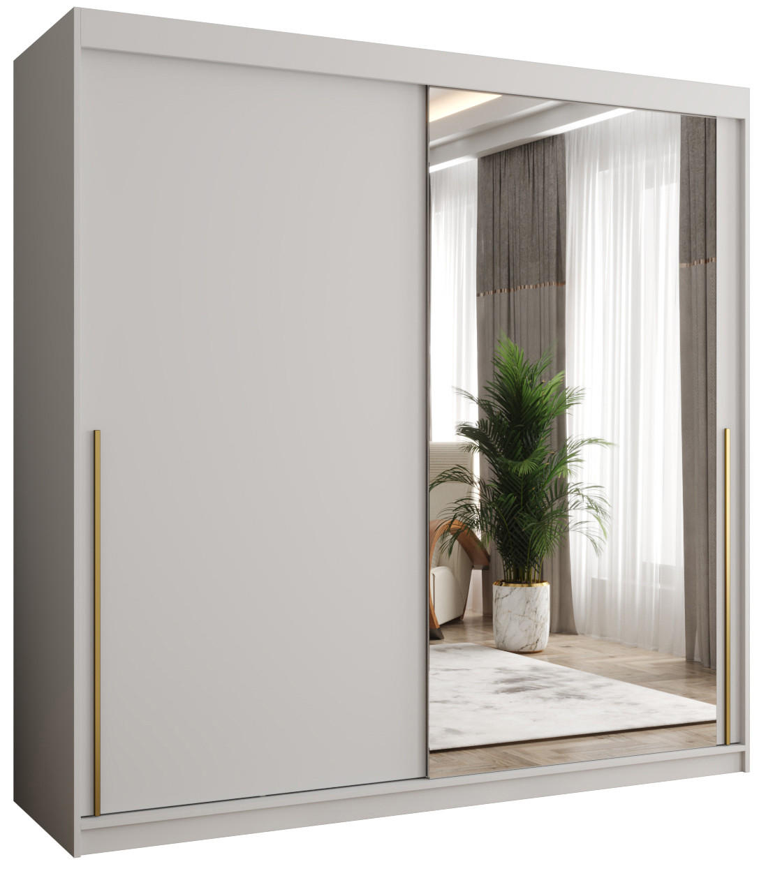 SCHIEBETÜRENSCHRANK mit Spiegel 200 cm Breite Weiß mit goldenem Griff - Goldfarben/Weiß, Holzwerkstoff (250/200/62cm) - Home Collective