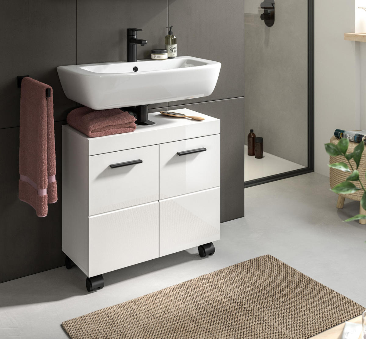 WASCHBECKENUNTERSCHRANK auf Rollen NOVA (B/H/T: ca. 60/58/30 cm) in Weiß/weiß hochglanz - Weiß, Holzwerkstoff (60/58/30cm)