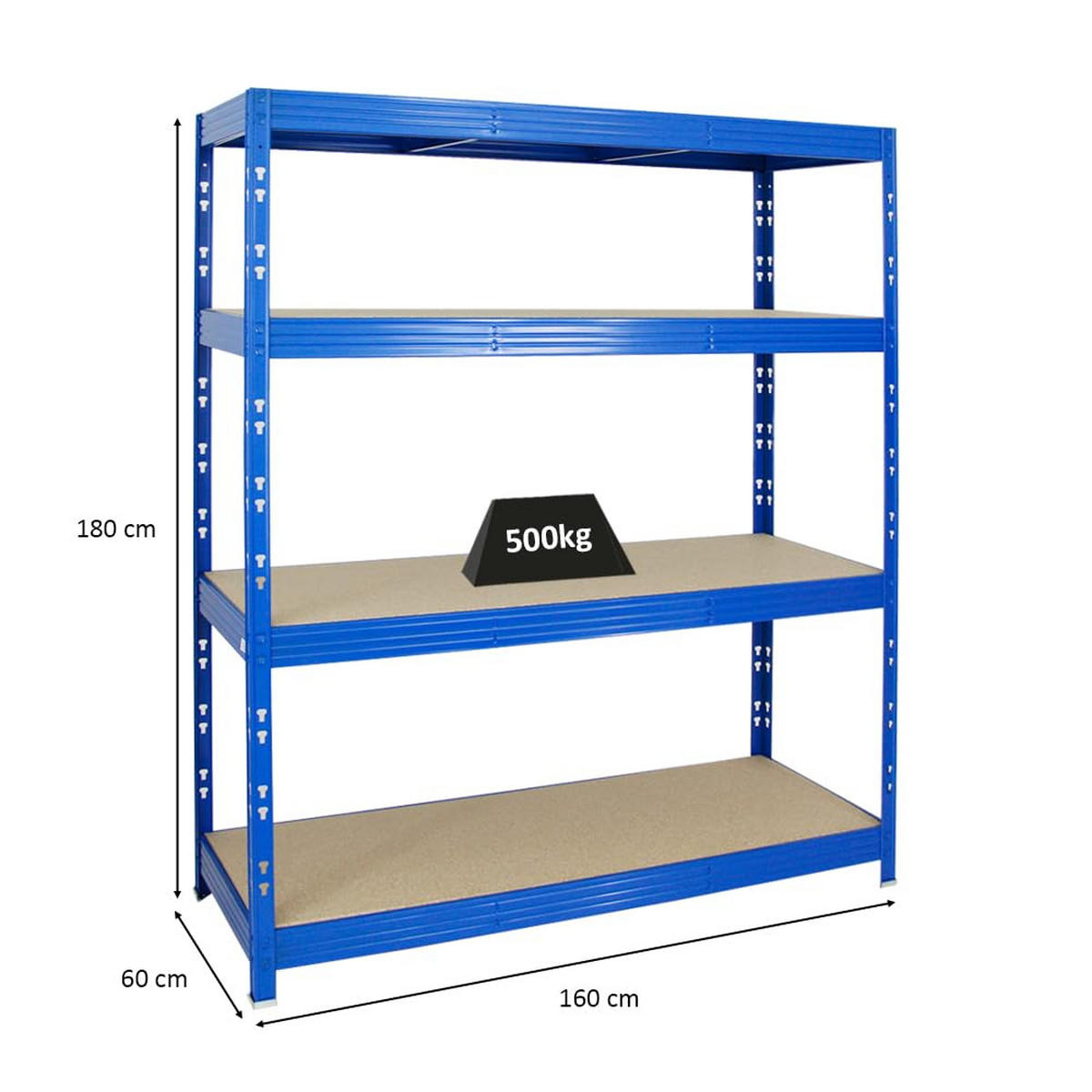 SCHWERLASTREGAL Rhino 180x160x60 cm 4 Spanplatten-Ebenen 8mm Fachlast 500 kg Blau - Blau, Metall (160/180/60cm) - PROREGAL