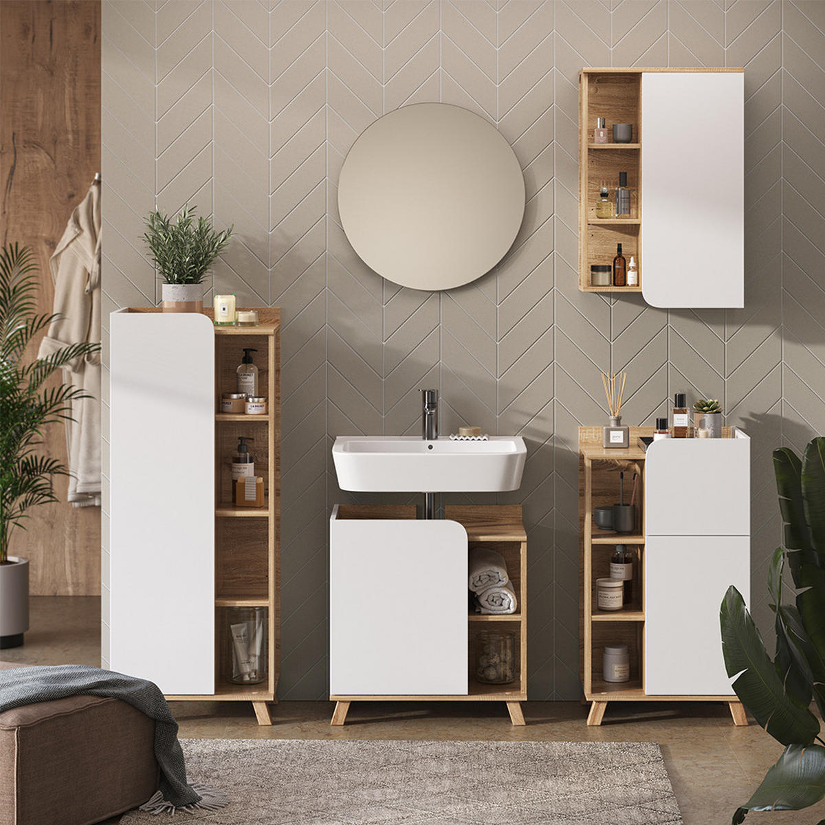 BADMÖBEL-SET Karen Sonoma/Weiß 5 Teile - Weiß/Sonoma Eiche, Holzwerkstoff (60/65/35cm) - Vicco