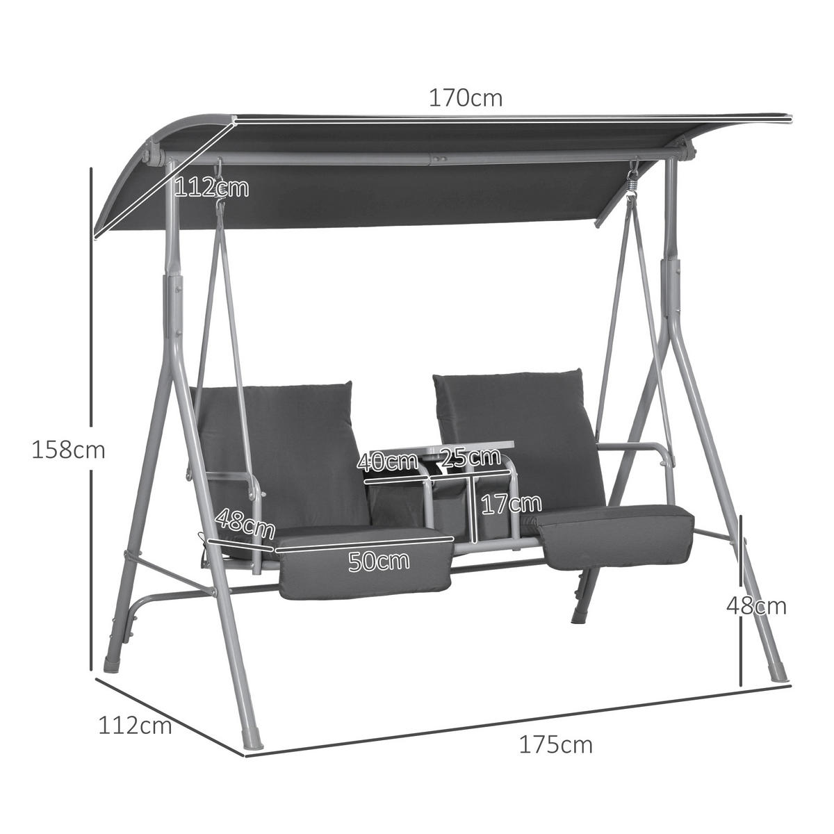 HOLLYWOODSCHAUKEL 2-Sitzer Schaukelbank mit Baldachin, Tasche, Tablett, Schwarz - Schwarz, Metall (110/165/175cm) - Outsunny
