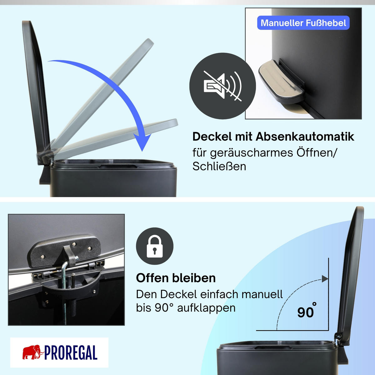 MÜLLEIMER 60 Liter mit Softclose & Fußpedal - Schwarz, Metall (41.5/75.5/49cm) - PROREGAL