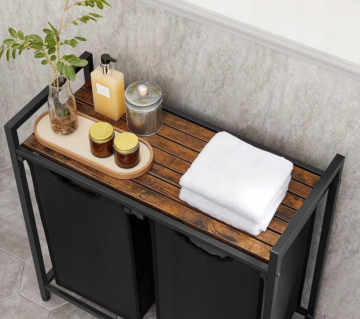 WÄSCHEKORB – 2 Fächer - Schwarz/Braun, Holz/Textil (73/72/33cm) - VASAGLE