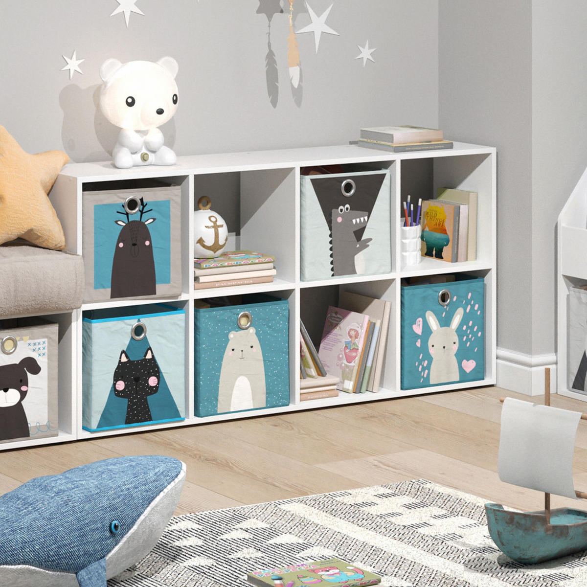 KINDERREGAL Scutum Weiß 143 x 72 cm mit 8 Faltboxen - Weiß, Holzwerkstoff (143/72/29cm) - Vicco