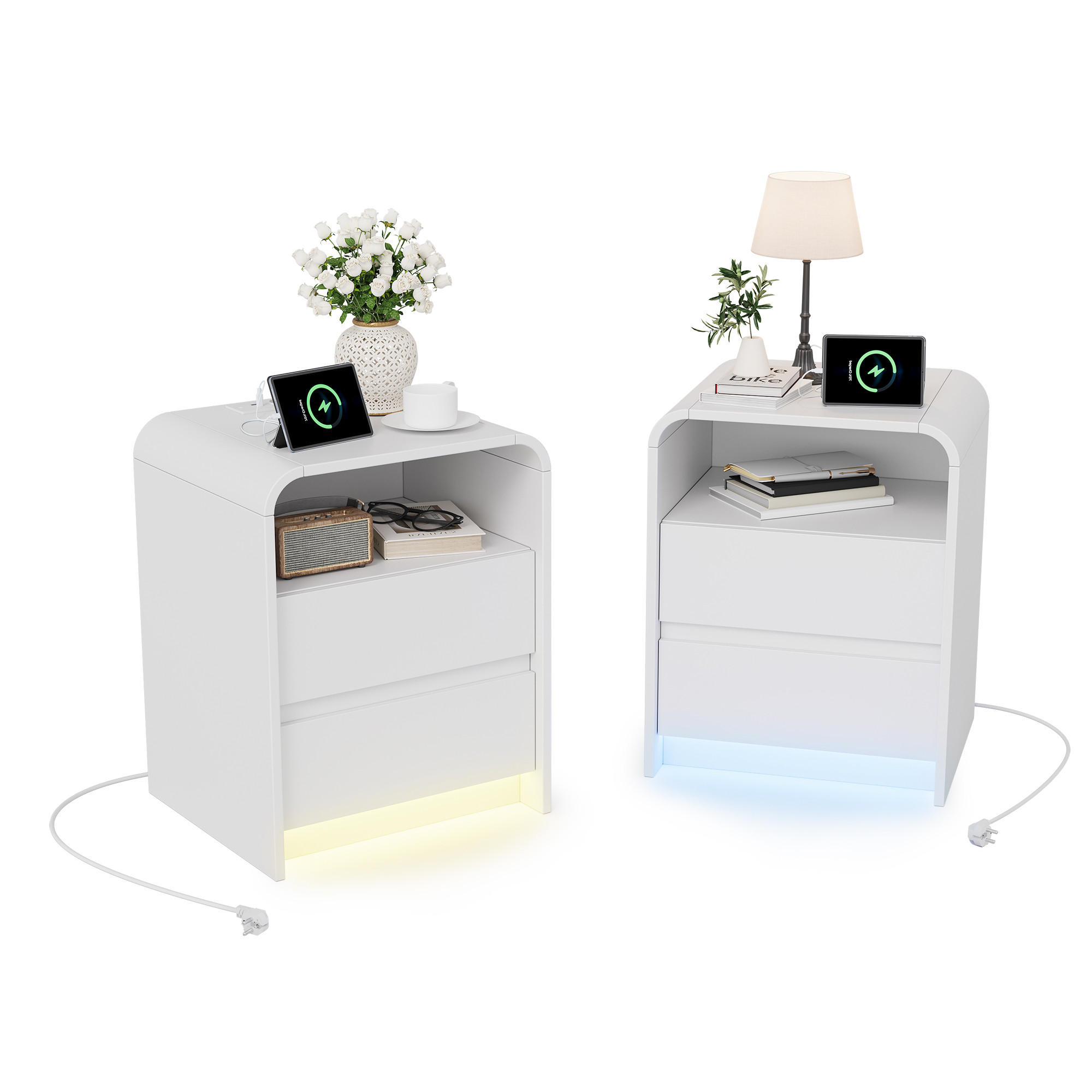 NOČNA omarica, 2-delni komplet z LED osvetlitvijo, vtičnica, bela, stranska mizica - bela, les (40/57/45cm)