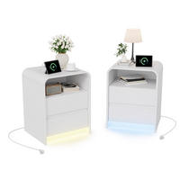 NOČNA omarica, 2-delni komplet z LED osvetlitvijo, vtičnica, bela, stranska mizica - bela, les (40/57/45cm)