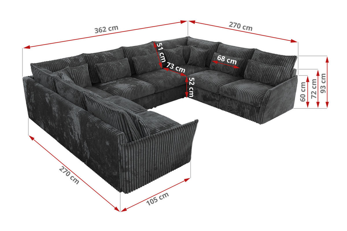 WOHNLANDSCHAFT VERSO U 8M Dunkelgrau Cord - Dunkelgrau/Schwarz, Kunststoff/Textil (362/93/270cm) - MKS