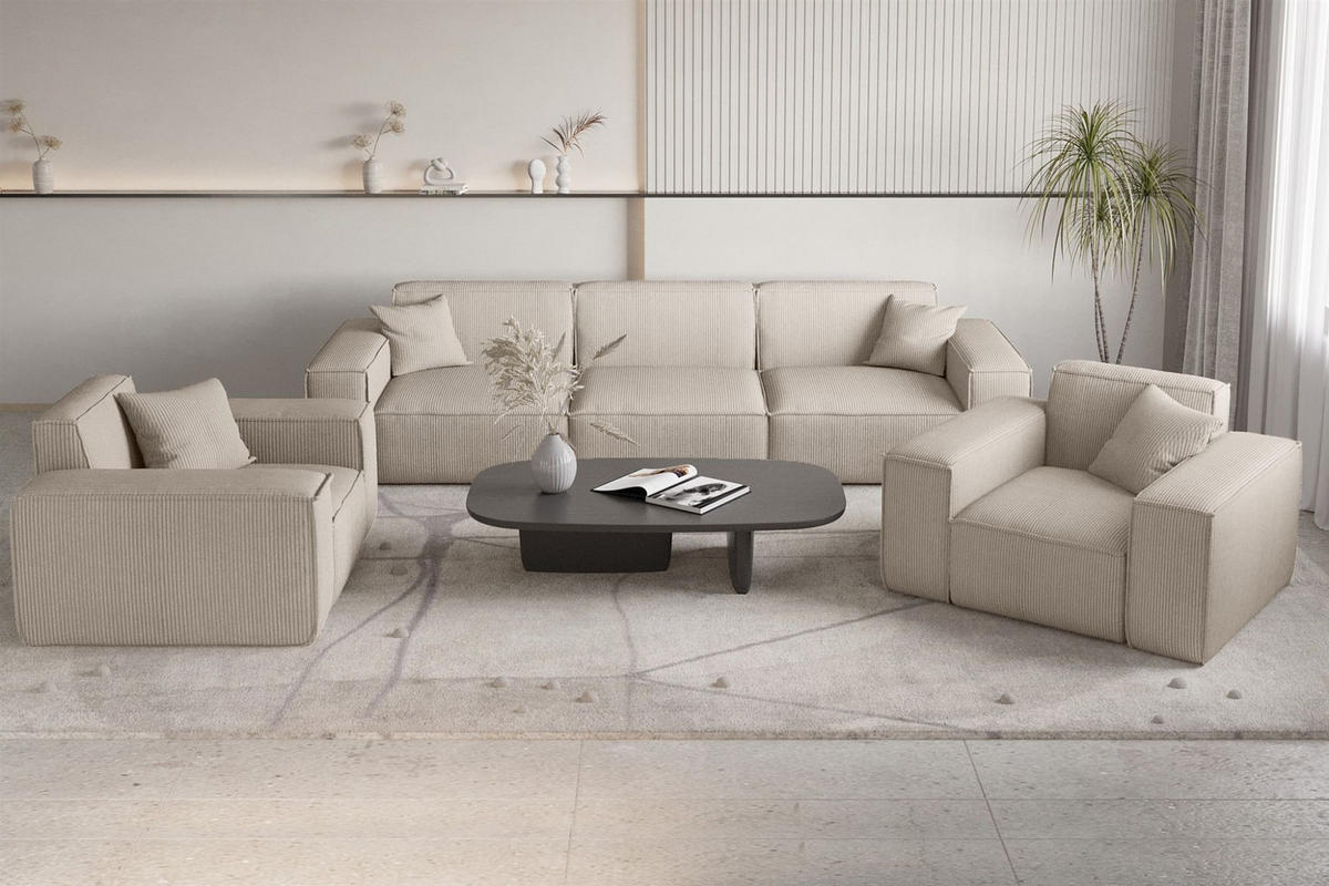 SOFASET Celes Premium 3-1-1 Stoff Scala - Beige, Holzwerkstoff/Textil (225/73/88cm) - Fun Möbel