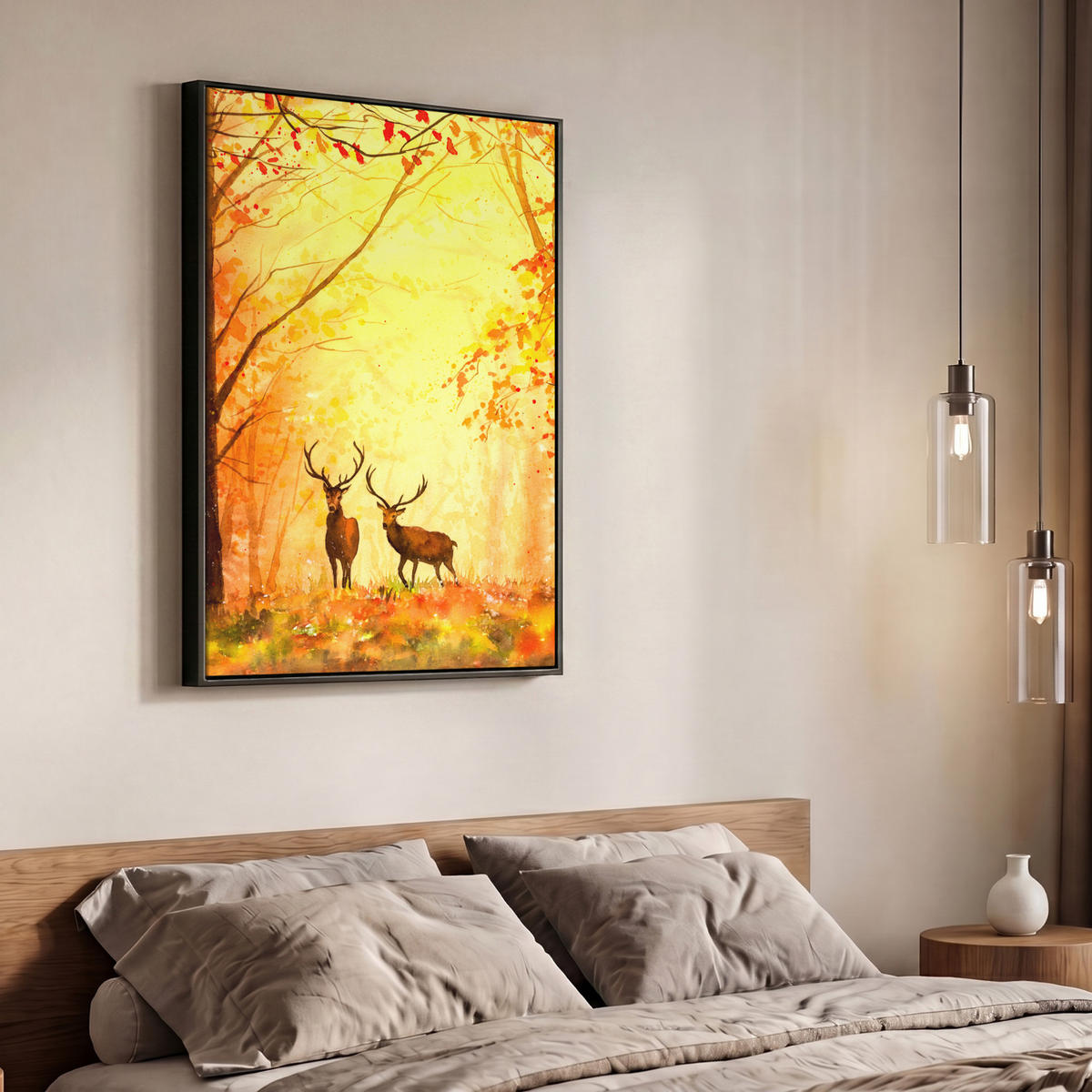 LEINWAND Bilder mit Rahmen - Natur - Ölfarbe - Hirsche - Tiere - Herbst - Orange - 70x100 - Orange, Textil (70/100cm) - MuchoWow