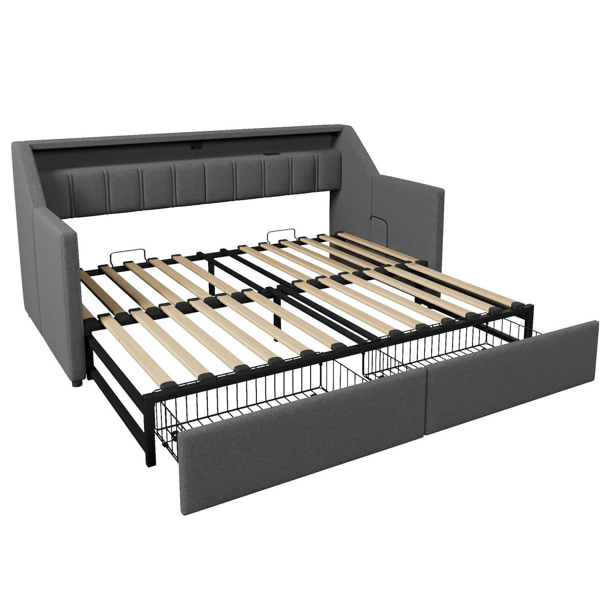 SCHLAFSOFA 90/200 cm in Grau Leinen mit 2 Schubladen, LED und USB - Grau, Holzwerkstoff/Textil (90/200cm) - WISHDOR