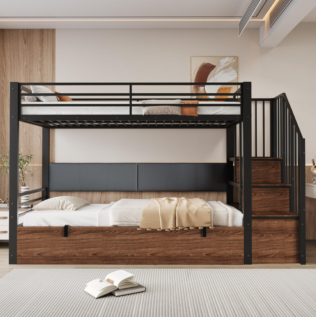 HOCHBETT 90/200 cm mit hydraulischem Bettkasten, PU-Rückenlehne und Stauraumtreppe, Schwarz - Schwarz, Kunststoff (90/200cm) - Redom
