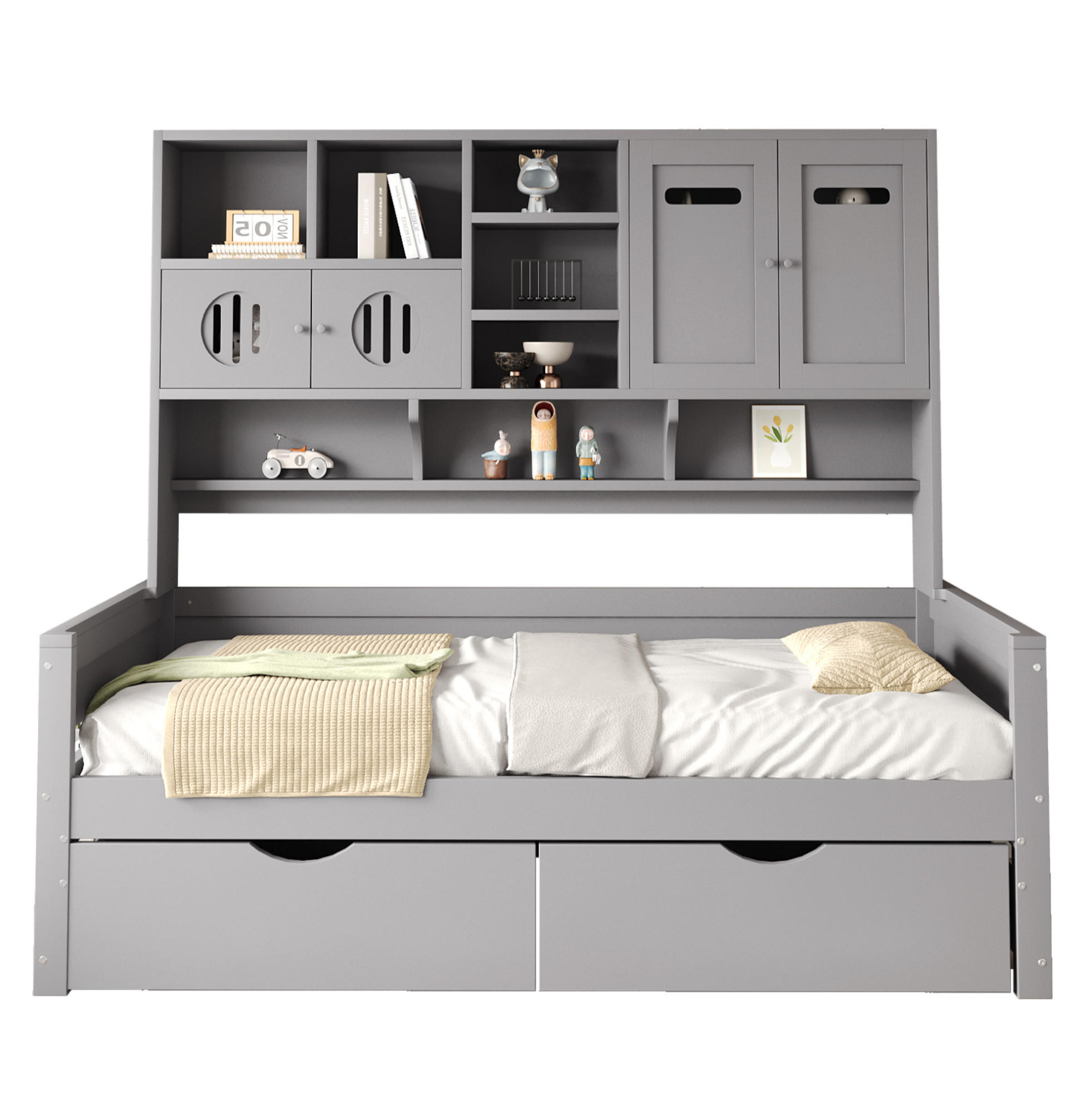 MULTIFUNKTIONSBETT aus Kiefernholz 90x200 cm Grau mit Stauraum, 2 Schubladen und Aufsatzregal - Grau, Holz (90/200cm) - Modfu