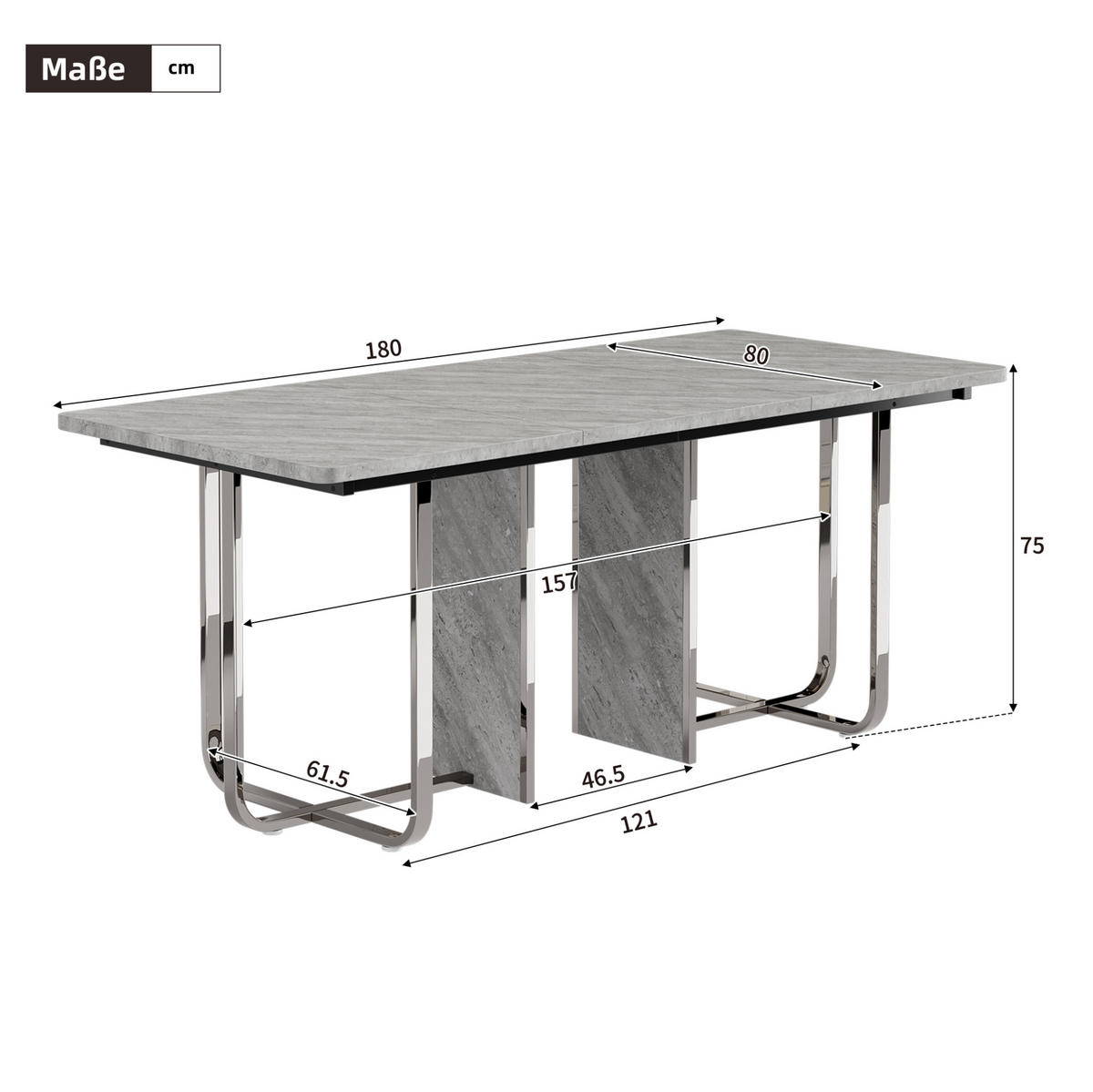 ESSTISCH mit Metallgestell 180/80/75 cm in Grau für 6–8 Personen - Grau, Holzwerkstoff (180/80/75cm) - BEAOK