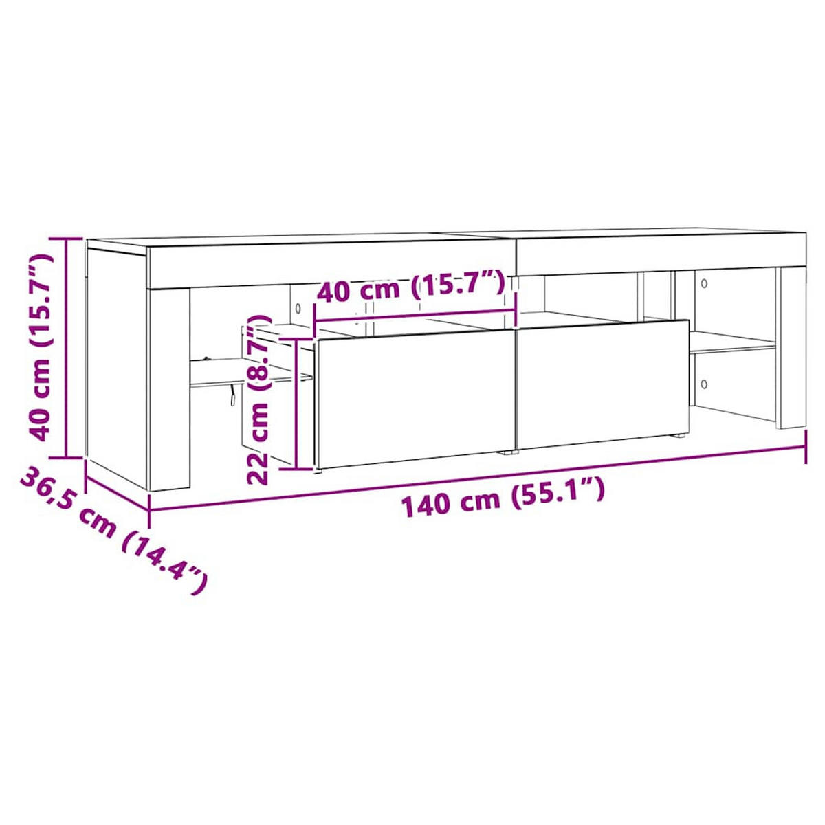 LOWBOARD mit Led 140/36,5/40 cm aus Holzwerkstoff in Artisan-Eiche Dekor - Eiche Artisan, Holz (140/40/36.5cm) - vidaXL