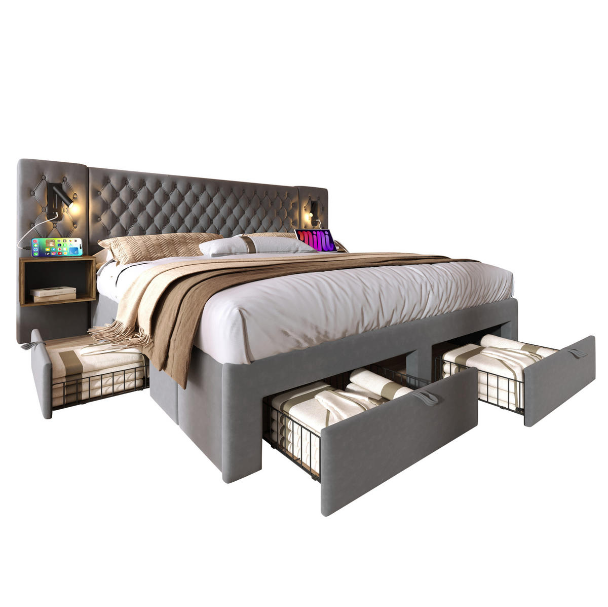 POLNJENA postelja iz žameta 160x200 cm siva z 2 nočnima omaricama, 4 predali, bralno lučko, USB in Type C priključkom ter vzmetnico - siva, tekstil (160/200cm) - Modfu