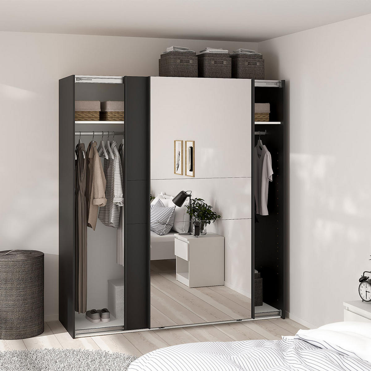 SCHIEBETÜRENSCHRANK, Como, Schwarz, Holzwerkstoff, 179 x 67 x 201 cm - Schwarz, Holzwerkstoff (179/201/67cm) - ebuy24
